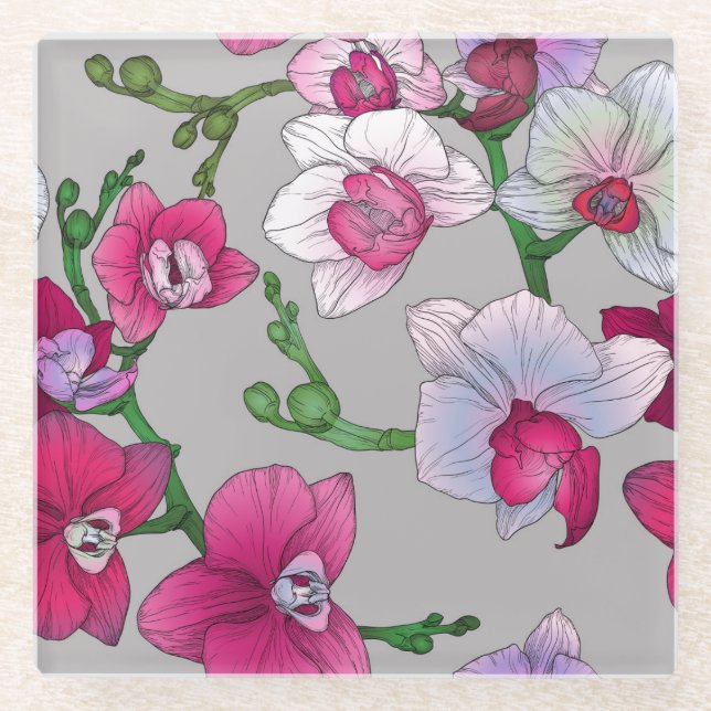 Pink Orchids In Bloom Glass Coaster (Front)