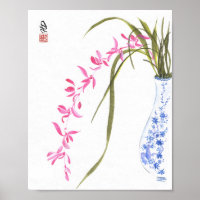 Pink Orchids in Blue and White Vase Watercolor Art