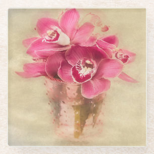 Pink Orchids In Vase Glass Coaster
