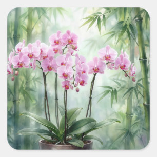 Pink Orchids On Green Bamboo Background Square Sticker