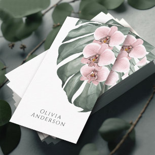 Pink Orchids on Monstera Tropical Botanical Business Card