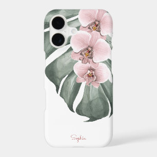 Pink Orchids on Monstera Tropical Floral with Name