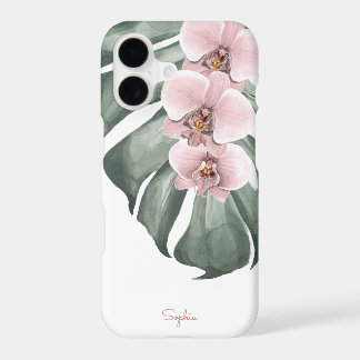 Pink Orchids on Monstera Tropical Floral with Name