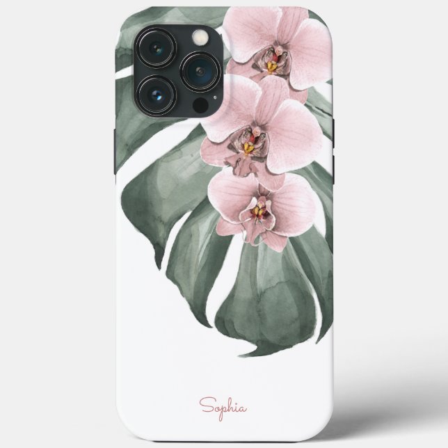 Pink Orchids on Monstera Tropical Floral with Name Case-Mate iPhone Case (Back)