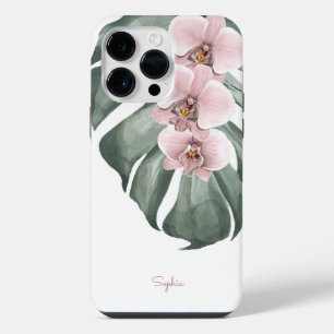 Pink Orchids on Monstera Tropical Floral with Name iPhone 14 Pro Max Case