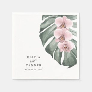 Pink Orchids on Monstera Tropical Paradise Wedding Napkin