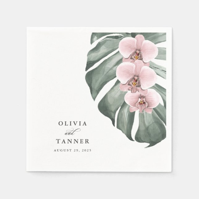 Pink Orchids on Monstera Tropical Paradise Wedding Napkin (Front)