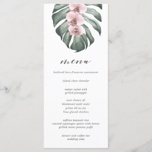 Pink Orchids on Monstera Tropical Wedding Menu