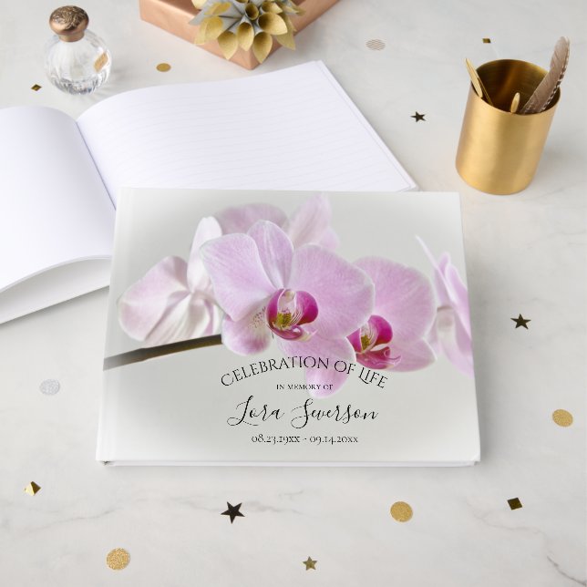 Pink Orchids on Stem Celebration of Life Memorial Guest Book (Front Open)