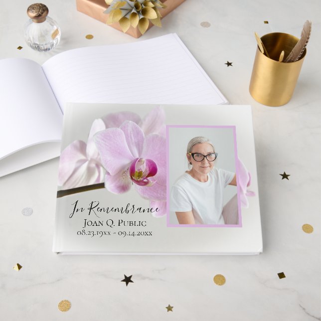 Pink Orchids on Stem Funeral Memorial Guest Book (Front Open)