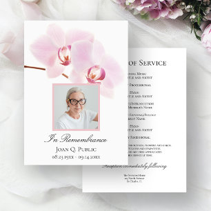 Pink Orchids on White Funeral Memorial Service Programme