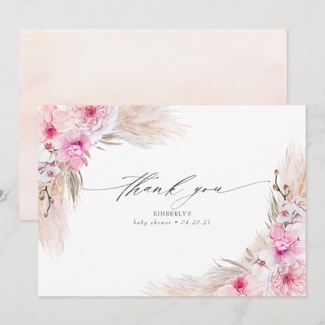 Pink Orchids Pampas Grass Shower Thank You Card (Front/Back)