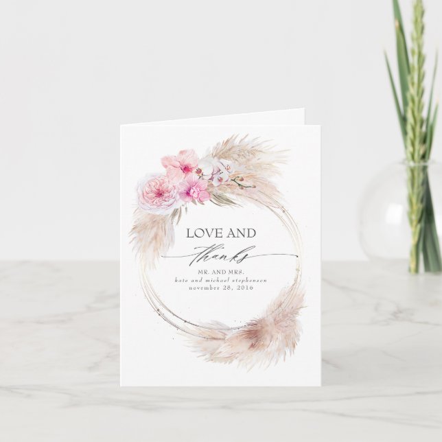 Pink Orchids Pampas Grass Wedding Thank You Card (Front)