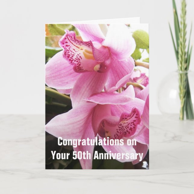 Pink Orchids Personalised 50th Wedding Anniversary Card (Front)