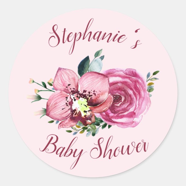 Pink Orchids & Roses Baby Shower Classic Round Sticker (Front)