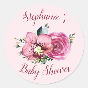 Pink Orchids & Roses Baby Shower Classic Round Sticker