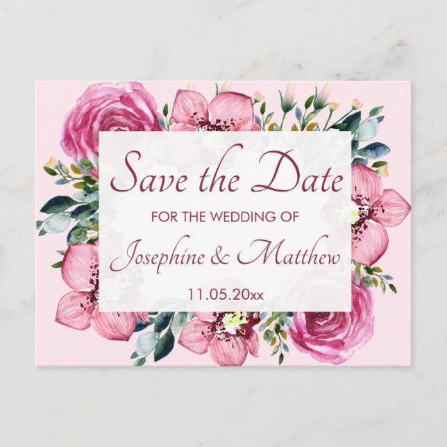 Pink Orchids & Roses Save the Date Announcement Postcard (Front)