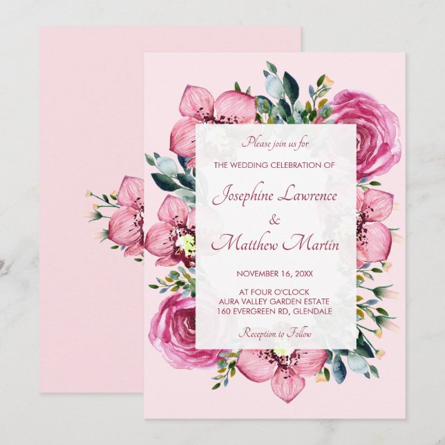 Pink Orchids & Roses Wedding Invitations (Front/Back)
