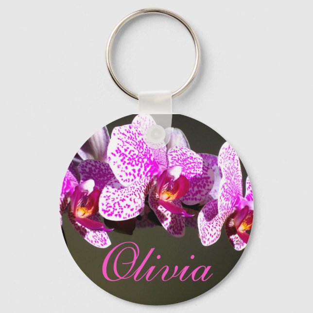 Pink Orchids tropical floral calligraphy Key Ring (Front)