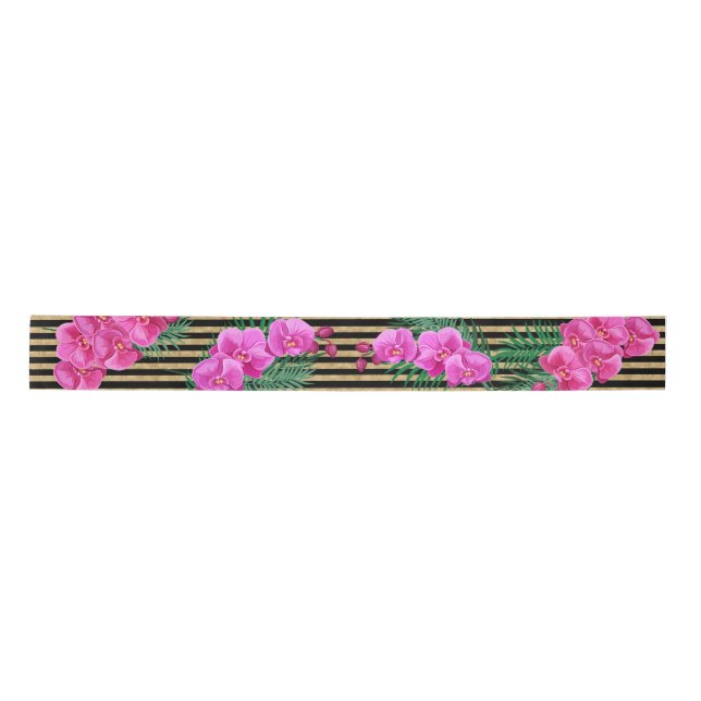 Pink Orchids Tropical Greenery Gold Glitter Satin Ribbon (Front)