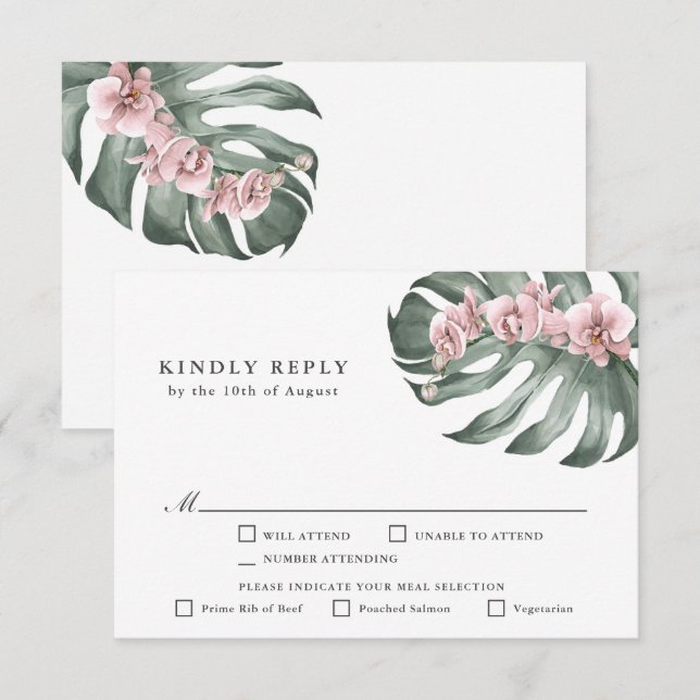 Pink Orchids Tropical Wedding RSVP with Entrees (Front/Back)