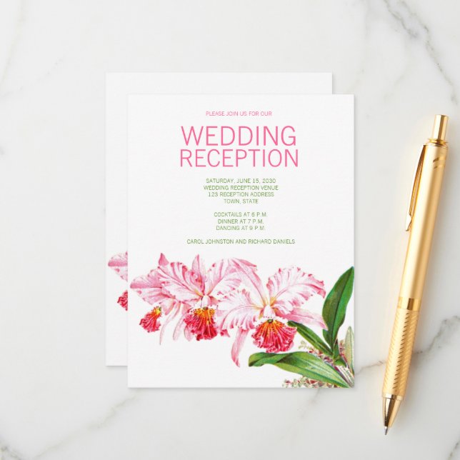 Pink Orchids Watercolor Wedding Reception Enclosure Card (Front/Back In Situ)
