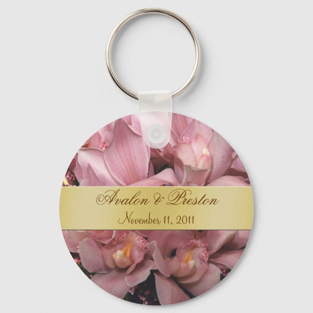 Pink Orchids Wedding Favour Gold Keychain (Front)