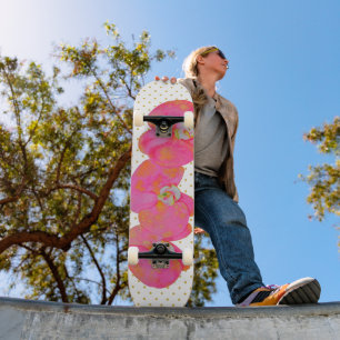 Pink Orchids with gold polka-dots Skateboard