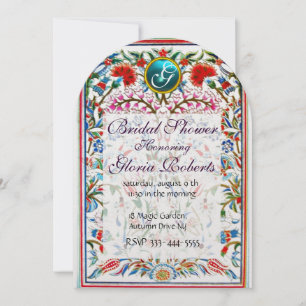 PINK ORIENTAL FLOWERS DAMASK MONOGRAM Blue Pearl Invitation