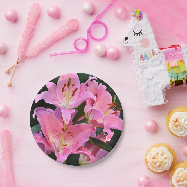 Pink Oriental Lilies Floral  Paper Plate (Party)