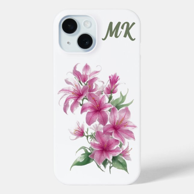 Pink Oriental Lily Flowers Monogram Phone Case (Back)