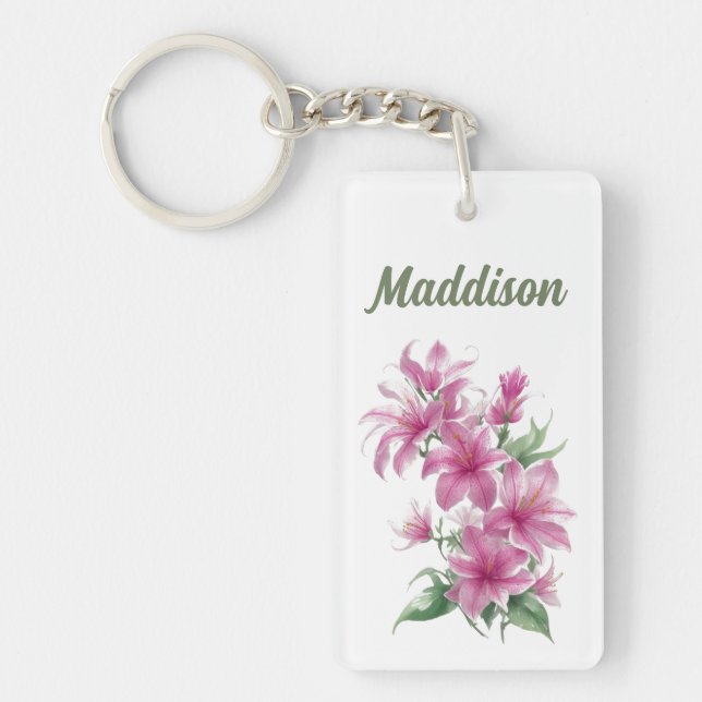 Pink Oriental Lily Flowers Personalised Key Ring (Front)