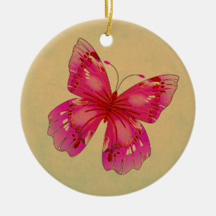 Pink Oriental vintage butterfly art Ceramic Tree Decoration