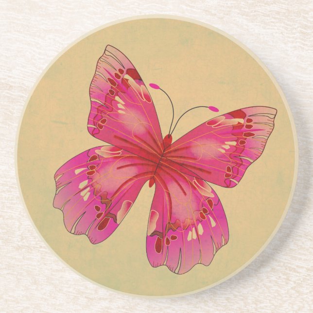 Pink Oriental vintage butterfly art Coaster (Front)