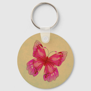 Pink Oriental vintage butterfly art Key Ring