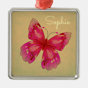 Pink Oriental vintage butterfly art name Metal Tree Decoration