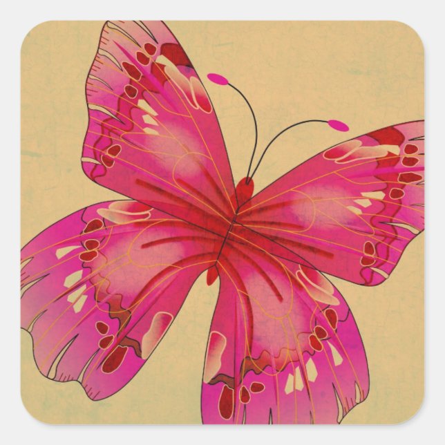 Pink Oriental vintage butterfly art Square Sticker (Front)