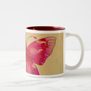 Pink Oriental vintage butterfly art Two-Tone Coffee Mug