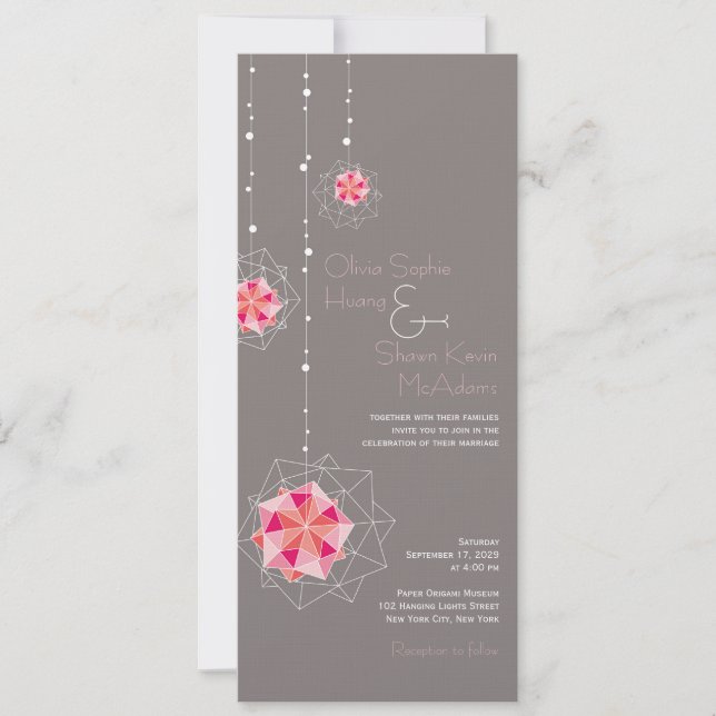 Pink Origami Hanging Ornament Lights Asian Wedding Invitation (Front)