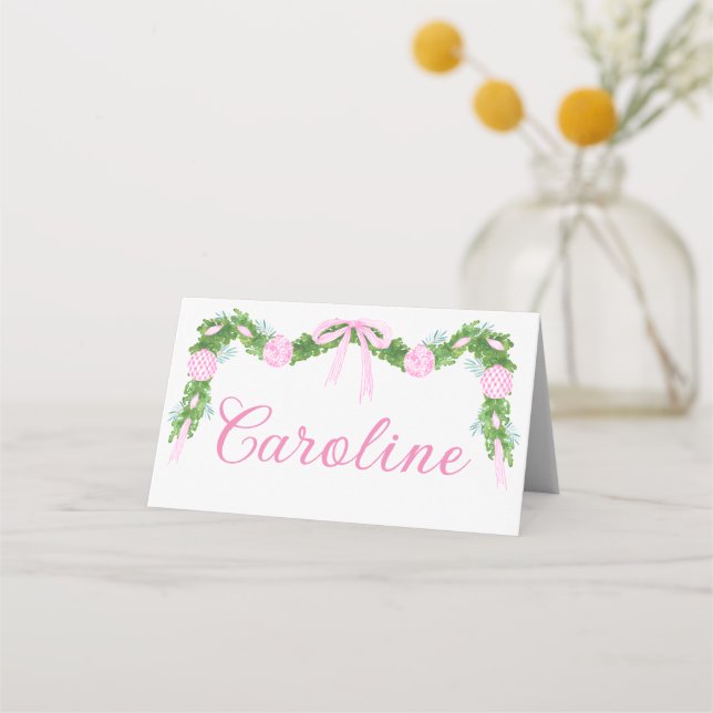 Pink Ornament Garland Christmas Place Card (Front)