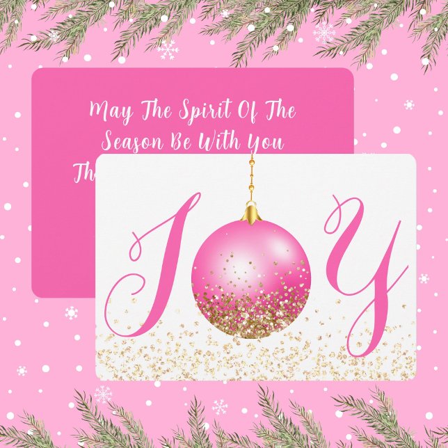Pink Ornament Joy Christmas Greeting Holiday Card (Joy In Hot Pink and Gold Look Glitter Christmas Holiday Card)