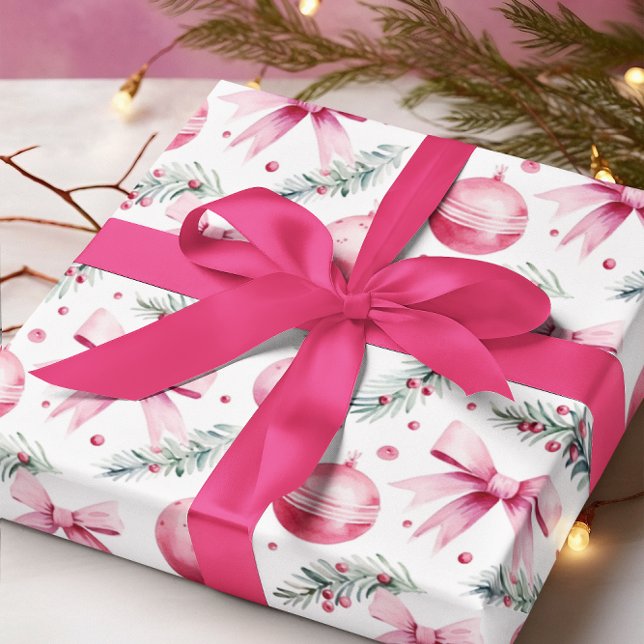 Pink Ornaments & Bows Christmas & Winter Birthday Wrapping Paper (Creator Uploaded)
