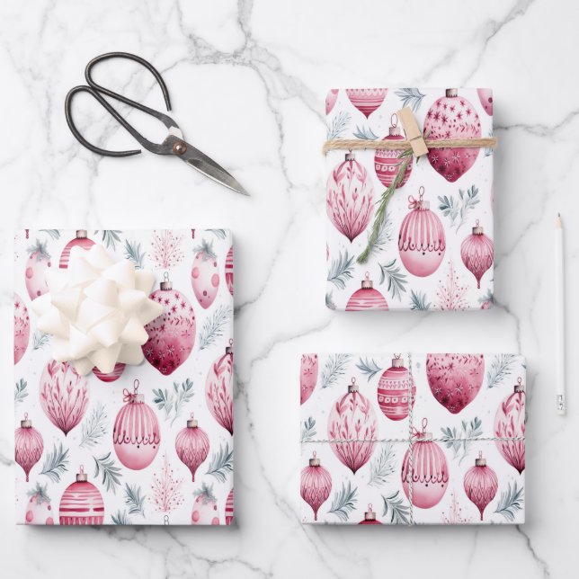 Pink ornaments for festive gift wrapping wrapping paper sheet (Front)
