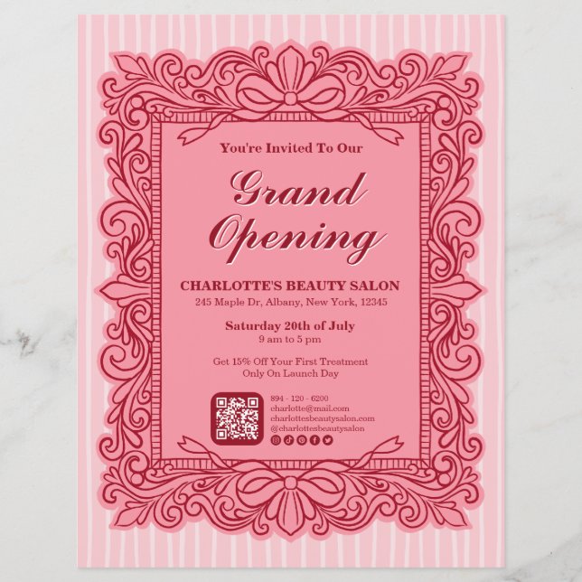 Pink Ornate Bow Frame Grand Opening Flyer (Front)