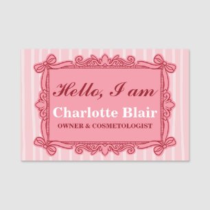 Pink Ornate Bow Vintage Style Frame Hello  Name Tag
