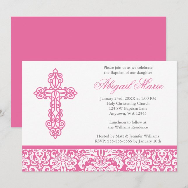 Pink Ornate Cross Damask Girl Baptism Christening Invitation (Front/Back)