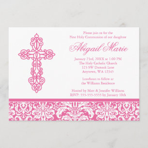 Pink Ornate Cross Damask Girl First Holy Communion Invitation