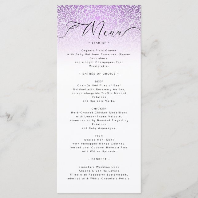 Pink Ornate Damask Wedding Menu Card (Front)