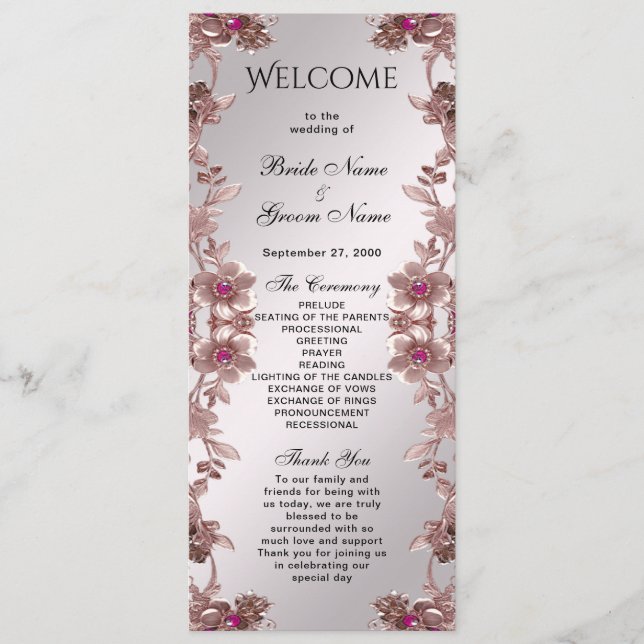 Pink Ornate Floral Wedding Program Programme (Front)
