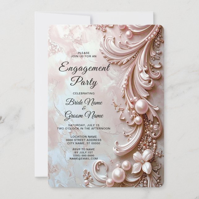 Pink Ornate Pearl and Floral Engagement Invitation (Front)